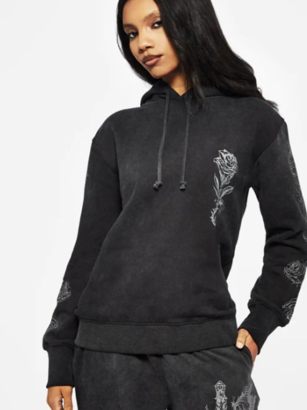 Black Floral-Print Women's Hoodie Sweater